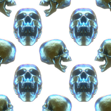 Metallic scull hyperrealistic image. 3D rendering. Holographic. Opened mouth. Teeth. Trendy digital art. Endless repeatable pattern. Gift wrapping and interior wall paper, stationery graphic design. 