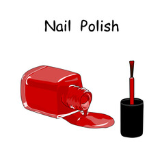 Red nail polish in open flagon and drop beside. Pop art. Isolated vector nail polish object. Hand drawing. Vector illustration.