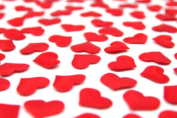 Valentines day background. Red bright hearts isolated on white background. Valentines day concept. Valentines card with red hearts. Valentines pattern. 