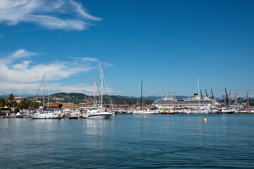 La Spezia port, Liguria, Italy. View on the sea and and mountain. yacht and boats in the port.