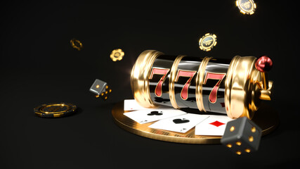 Casino Neon Background With Roulette, Slot Machine And Poker Chips Falling  3d Rendering Wall Mural-Yury