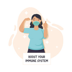 boost your immune system lettering with woman wearing medical mask