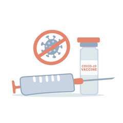 Medical equipment elements. Syringe and vaccine jab bottle shot in hand drawn flat vector style. Illustration for promoting COVID-19 immunization.