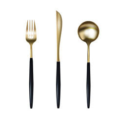 Set of gold cutlery isolated on white background, vector illustration. Realistic, 3D. Restaurant design, cafe.