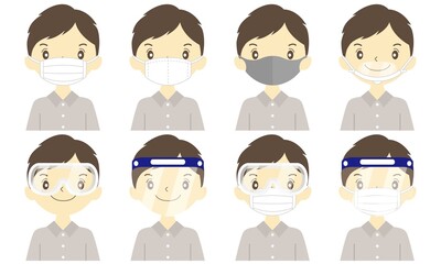 感染対策グッズを身につけた私服の男性