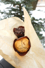 Chocolate and vanilla muffins in paper wrapper