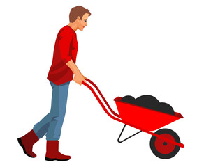 Isolated vector figure of a gardener with a garden wheelbarrow with soil for planting