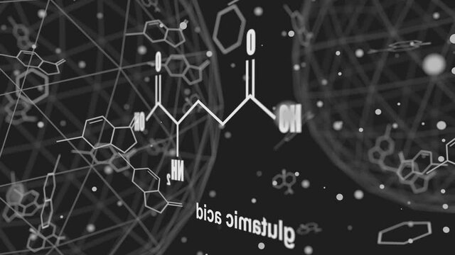 Amino acid. Glutamic acid structural formula. Lines and dots connected background. 3D rendering