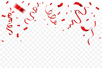Many Falling Red Tiny Confetti Isolated On Transparent Background. Decoration Celebration And Birthday. Surprise. Vector