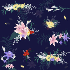 Flowers isolated on blue background. Flowers modern design for t-shirt, print material, cloth and textile. Useful for invite and wedding card, wallpaper and greeting card. Flowers vector illustration