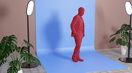 posierender, abstrakter roter, Mann aus Blöcken im Foto Studio, blaue Fotoleinwand, Studiobeleuchtung, Deckor aus Blumen - 3D Illustration, Hintergrund, 