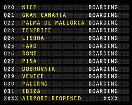 reopening airport and tourism, flight information display message after corona lockdown, holiday travel destinations. vector
