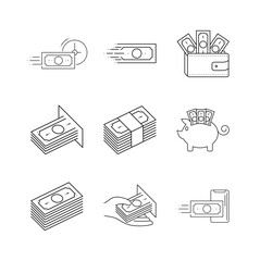9-icon. various banknote, wallet, phone app and cash machine deposit icons. Fast money transfer. Paper money and application icon. Thin modern art line.