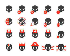Fototapeta premium Set of human skulls colored icon. Healthy cranium, diseases of bones of the head, treatment and more.