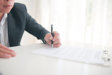 Businessman signing contractpaper  for service and law, business man feedback document concept