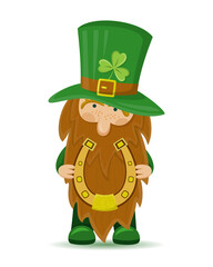 A cute St Patrick's day leprechaun cartoon character with horseshoe. Irish gnome with shamrock on hat for good luck. Vector illustration for cards, decor, shirt design, invitation, poster, banner