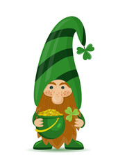 A cute St Patrick's day leprechaun cartoon character with clover and pot of gold. Irish gnom with shamrock for good luck. Vector illustration for cards, decor, shirt design, invitation.