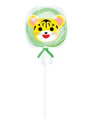 袋入りのかわいい笑顔のトラの棒キャンディー