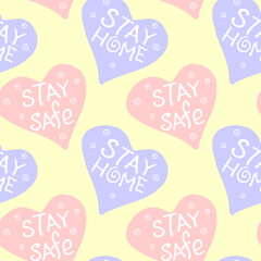 Stay home, stay safe - vector lettering on theme of quarantine, self protection times and coronavirus prevention in flat doodle style. Seamless pattern for social media, sites, flyers, web