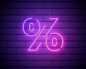 Percent neon sign. Color sale neon banner on brick wall. Special offers, discount night symbol. Realistic bright signboard. Illuminated neon frame. Vector illustration