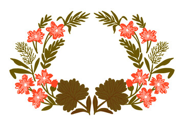 wreath of flowers. Hawaiian tropical flowers hand drawn  frame ornament greenery green. botanical nature 