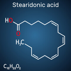 Stearidonic acid, moroctic acid, SDA molecule. It is an omega-3, fatty, octadecatetraenoic acid. Structural chemical formula on the dark blue background