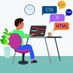 Colorful vector illustration of a programmer working.