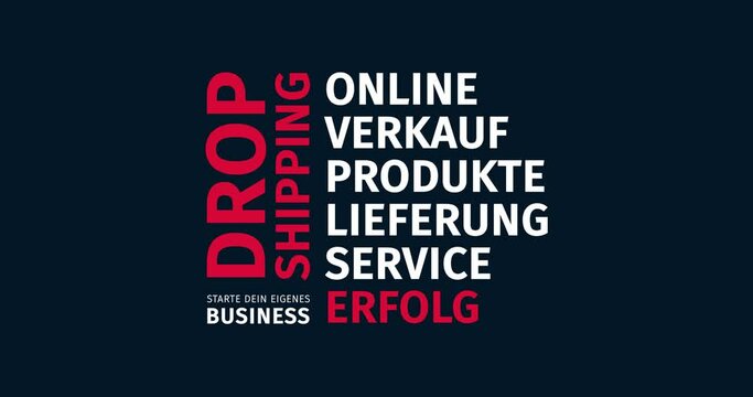 Dropshipping. Starte dein eigenes Business. Animierte Schlagwortwolke. Kinetische Text Animation.