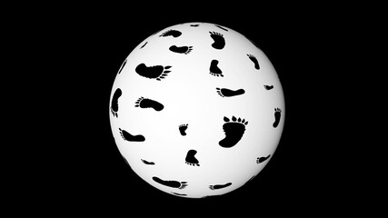 An abstract planet of people with traces. Footprints in a white circle in 3d.
