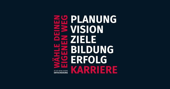 Karriere. W&auml;hle deinen eigenen Weg. Animierte Schlagwortwolke. Kinetische Text Animation.