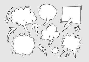 Hand drawn set of speech bubbles isolated on white background.