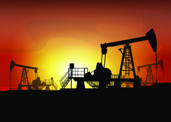 Fototapeta na wymiar Oil derrick. Pump jack in sunset landscape. Petroleum-producing. Vector silhouette