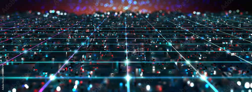 Poster Cyberpunk. Quantum computer. Motherboard, processor, CPU, Global network technology Blockchain. Digital world of  future. 3D illustration background