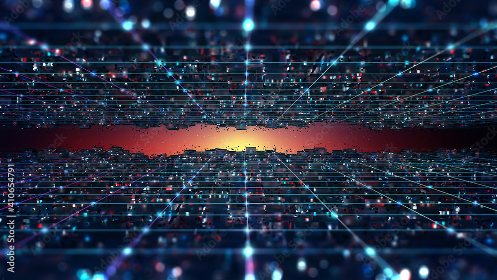 Poster Cyberpunk Digital city. Global Cyberspace. 3D illustration of wireless internet technologies. Database protection and secure transmission of information on blockchain network