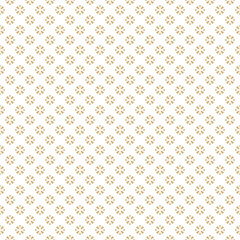 Golden vector geometric floral seamless pattern. Simple minimal ornament with small flower silhouettes, diamonds. Abstract ornamental gold and white background. Luxury repeat design for decor, print