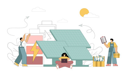 Vector illustration isolated on white background. Installing solar panels. Green energy.