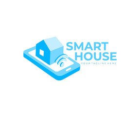 Smart home or smart house controlled by smartphone or mobile phone via app, logo design. Internet of things home automation system technology, iot, wireless connections and wi-fi, vector design