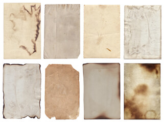 Set of Old various vintage rough paper with scratches and stains texture isolated