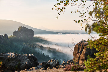 Elbsandsteingebirge Sonnenaufgang Sommer Berge Wald Landschaft Sächsische Schweiz