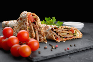 Shawarma with meat, cutaway, with sauce, tomatoes, cheese, herbs and garlic, on black slate, on a black background