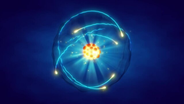 Single atom and its electron cloud. Quantum mechanics and atomic structure 3d animation render concept.