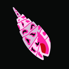 vector isolated sticker - conch shell cone shape. Clam on the seashore. Find on the beach. Hand drawn style - pink, black color. Marine life. Clip art on black background
