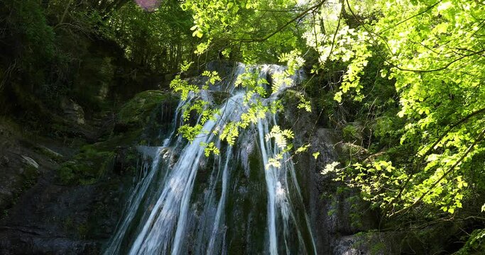 Spring in Gorg De L Olla waterfall in La Garrotxa, Girona, Spain