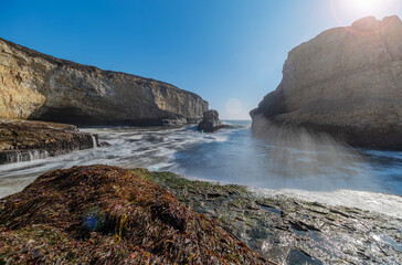 Shark fin cove, beautiful beach landscape on the coast of the California Highway, ocean, rocks, great sky, clear sunny weather.