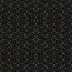 Golden minimalist vector seamless pattern. Simple delicate geometric texture with small linear hexagons, grid. Subtle modern gold and black minimal background. Luxury repeated decorative design