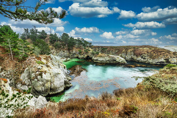 China Cove, Beach in Point Lobos State Natural Reserve, with rock and geological formations along the rugged Big Sur coastline, near Carmel and Monterey, CA. on the California Central Coast.