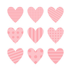 Pink heart icon set. Cute polka dot, line pattern. Happy Valentines day sign symbol simple template. Love greeting card. Decoration element. Square composition. Isolated. White background. Flat design