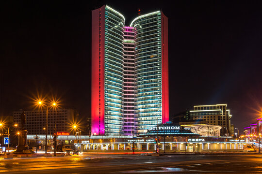 Moscow, Russia, February 2, 2015 - View of the Soviet high-rise building CMEA of the socialist countries at night, night cityscape in Moscow
