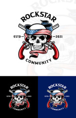 illustration of skull head with American flag, guns and red roses