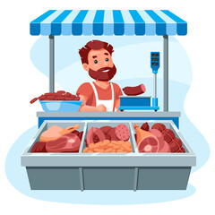 
Meat stall, a salesman behind a counter sells sausages, meat and delicacies. Cartoon illustration on a white background.